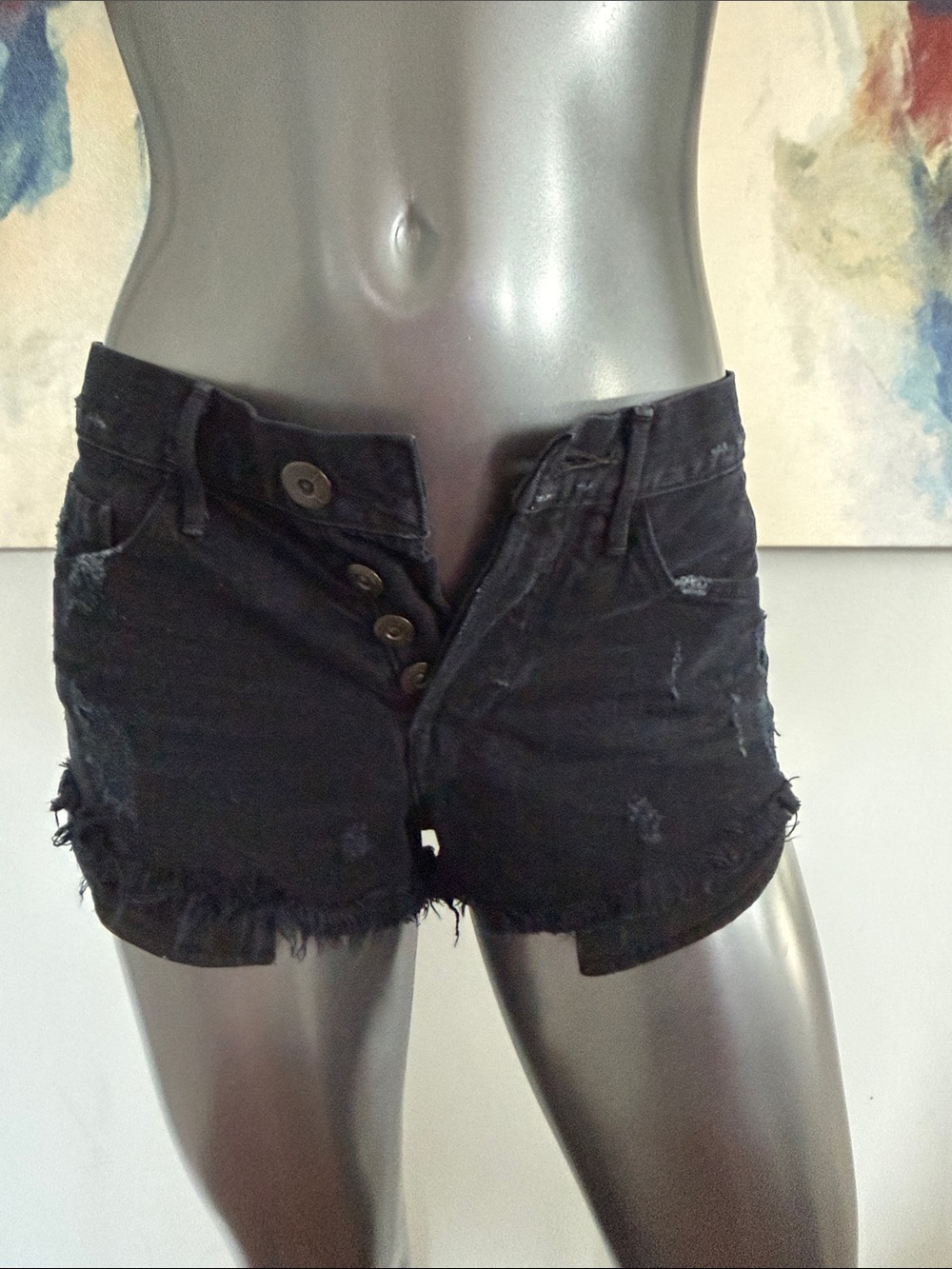 3x1 Black Distressed High-Rise Button-Front Denim Shorts